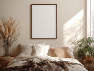 Empty picture frame mockup on modern neutral interior wall, clean background for art display and branding presentation