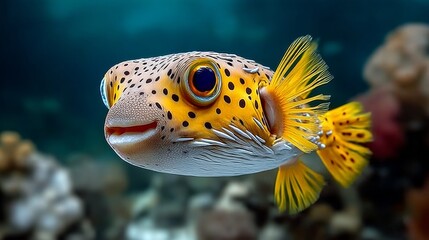 Obraz premium Colorful pufferfish swimming gracefully through vibrant coral reef, showcasing unique patterns and textures, surrounded by diverse marine life in a serene underwater environment