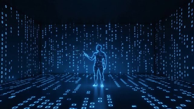 Male silhouette transforming into glowing digital human in virtual reality environment. Cybernetic data visualization and artificial intelligence concept. Zoom out wide shot.