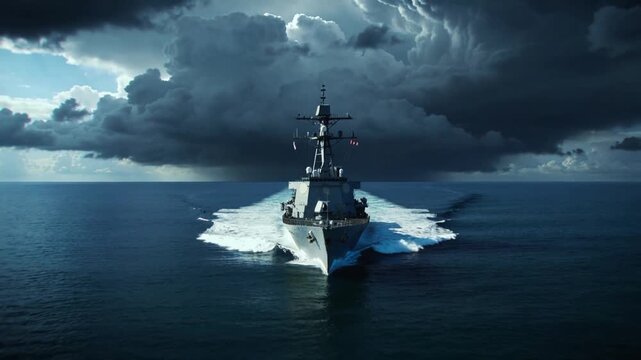 Guided missile destroyer sailing through open ocean under dramatic storm clouds. Zoom out wide shot of naval vessel cutting through waves.