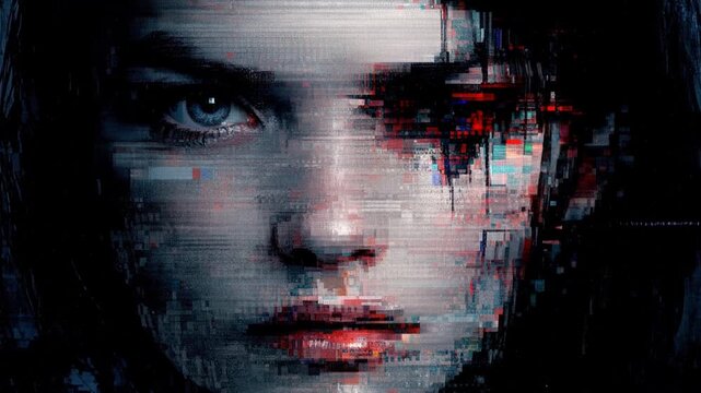 Glitch effect distorting face of young woman with blue eyes. Digital interference and signal loss over human portrait