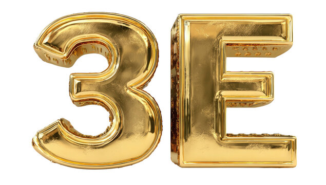 Glossy golden 3E numeral in a 3D rendering. Black background with reflections