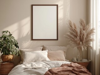 Modern interior frame mockup with empty picture frame on neutral wall, versatile background for posters and artwork, designed with realistic natural light and clean shadow detail