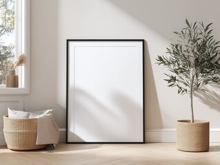 Minimal modern room frame mockup with empty picture frame, neutral wall background for art display and branding presentation, enhanced by gentle daylight and realistic wall shadow