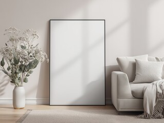 Empty frame mockup displayed in clean neutral interior space, modern wall background suitable for artwork and branding visuals with soft daylight and natural shadow