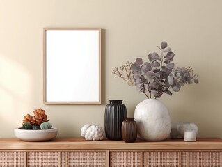 Empty frame mockup on clean neutral interior wall, modern background suitable for artwork and poster presentation with gentle daylight shadow