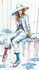 fashion lady with hat colorful vector sketch illustration