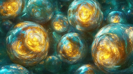 Close up of iridescent crystal spheres swirling with golden light patterns