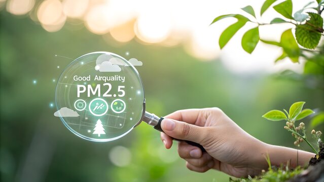 hand holding magnifying glass on green grass. and air pm chake