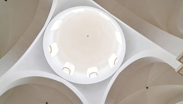 Minimal white mosque dome ceiling with arched windows and soft daylight modern islamic architecture interior background