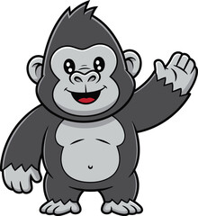 Obraz premium Cheerful cartoon gorilla waving a friendly greeting, embodying a playful jungle animal character illustration, perfect for various graphic design projects or children's themed content
