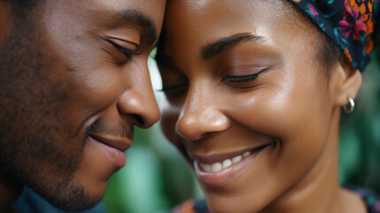 Fototapeta premium Intimate portrait couple closely embracing, natural setting radiating warmth love, joyous bond tranquility perfectly, showcasing nature relationship visualization, outdoor romance 