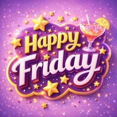 Obraz premium 3D fun badge text “Happy Friday” in purple and yellow, stars, drink glass, sparkles, realistic soft reflections, bright weekend fee