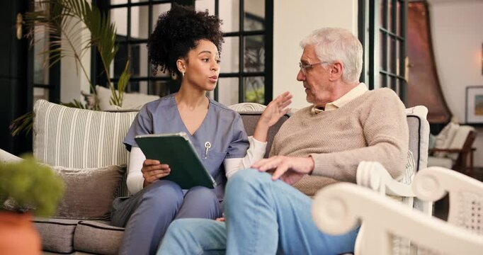 Senior man, nurse or results with tablet for diagnosis, support or assisted living in home. Healthcare, caregiver and helping elderly male person with technology for health advice or nursing in house