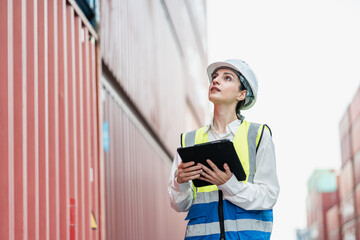 Professional female logistics supervisor or engineer wearing a white safety hard hat and high-visibility vest, holding a digital tablet and looking up at stacked containers.