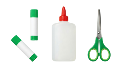 Craft Supplies: Glue Sticks, Glue Bottle, and Scissors Isolated on White