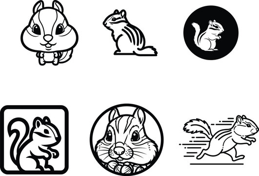 Black and white chipmunk illustrations in various poses and shapes