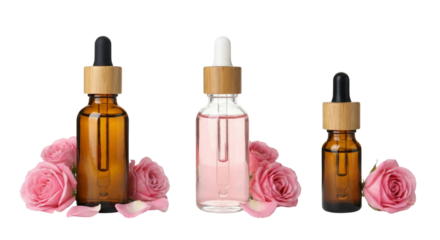 Rose Oil Bottles with Pink Roses - Natural Skincare and Aromatherapy