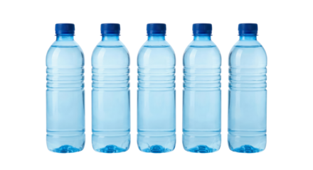 Five clear plastic bottles of fresh mineral water, isolated on white background