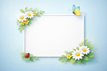 Obraz premium A refined 3D illustration of a white square frame accented with daisies, yellow flowers, green foliage, a butterfly, and a ladybug. Smooth gradients, soft shadows, realistic botanical details