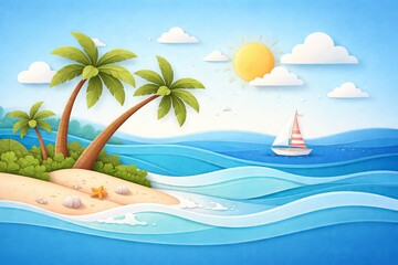 Fototapeta premium A stylized 3D paper-cut seaside scene with palm trees, layered blue ocean waves, a small sailboat, sun, and fluffy clouds. Strong horizontal depth, smooth curves, minimal details, calm tropical mood