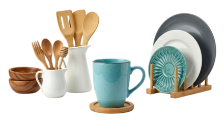 Kitchenware Collection: Wooden Utensils, Ceramic Dishes, and Mug