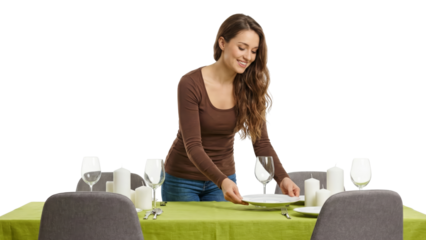 Woman setting table for dinner, preparing for meal with plates, glasses, candles
