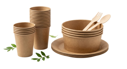 Eco-friendly disposable tableware: cups, bowls, plates, fork, spoon