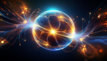 abstract glowing sphere of energy with flowing plasma particle trails and bokeh effects on dark background