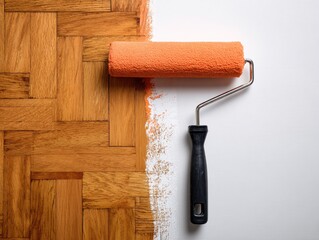 Obraz premium Close-up of a paint roller, applying orange stain to wood floor boards and white surface