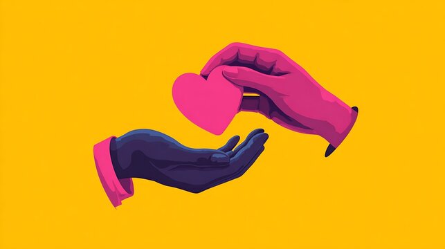 Illustration of two hands, one giving a pink heart to the other, set against a bright yellow background