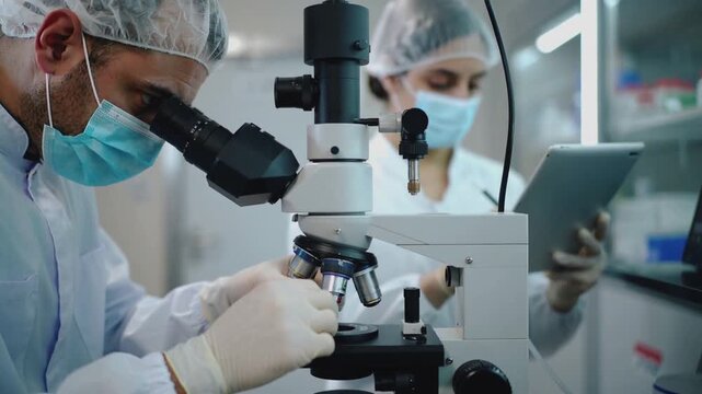 Laboratory researchers conducting scientific experiment with microscope and digital tablet. Medical professionals in sterile protective gear working in modern clinical facility