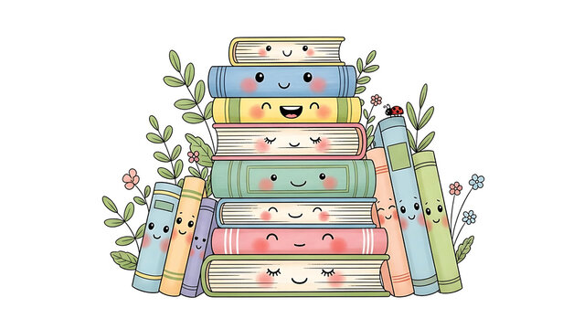 A vibrant stack of cartoon books with smiling faces surrounded by lush greenery and colorful flowers