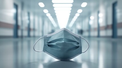 Close up of a single sterile blue medical surgical face mask unfolded for protection against airborne particles in a clean health care environment