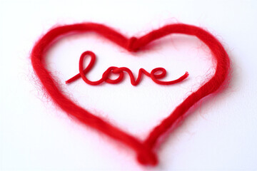 Red heart shape made of fuzzy yarn with love word in center on white background  symbol of affection and romance