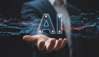 business man writing on a virtual ai screen