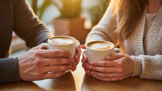 Two people holding coffee cups with latte art in the shape of hearts while sitting at a wooden table. Cozy indoor setting with warm sunlight. Intimate and peaceful atmosphere.