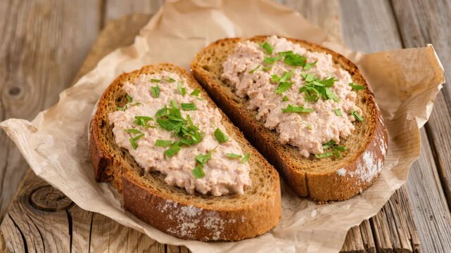 Close-up of two pieces of rye bread topped with tuna spread and chopped parsley, served on crumpled parchment paper. Rustic, healthy snack or lunch. Natural light setup.