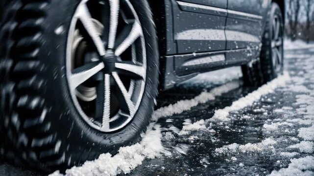 Automotive inspection of winter tire performance on slushy road. Man pointing at rubber tread before car drives through melting snow.