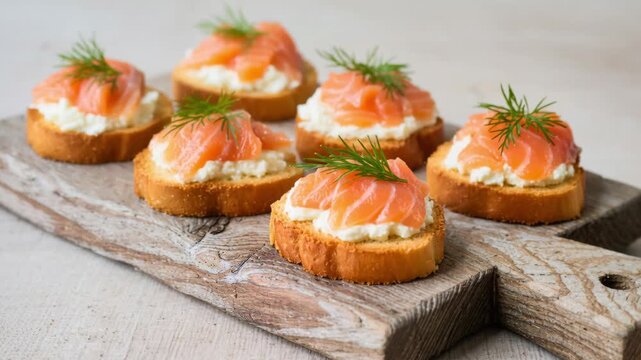 Appetizing salmon canapes with creamy cheese and fresh dill on golden toasted baguette slices. Served on a wooden board. Perfect for party, brunch or elegant appetizer.