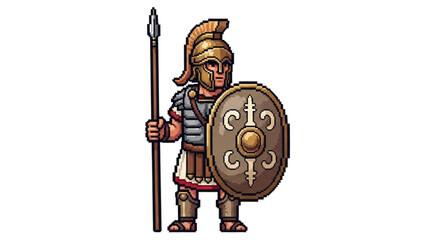Obraz premium A pixel art illustration of a Roman soldier standing with a spear and shield