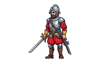 Obraz premium A cartoon illustration of a medieval knight in armor holding a sword and pistol