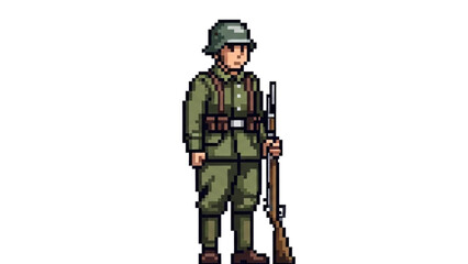 A pixel art illustration of a soldier in green uniform holding a rifle