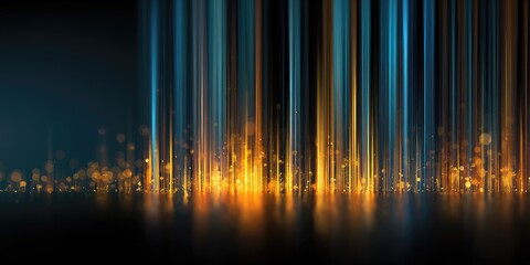 Vertical streaks of light radiate from a surface with a reflection, glowing orbs