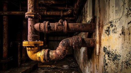 Close up of heavily rusted industrial pipes and metal conduits within a decaying structure