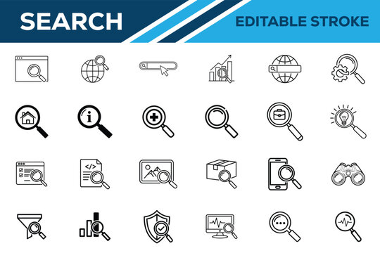 Collection of editable search icons in stroke style
