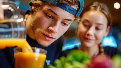 Teenage boy pouring fresh juice from a blender into a glass, healthy drink preparation at home