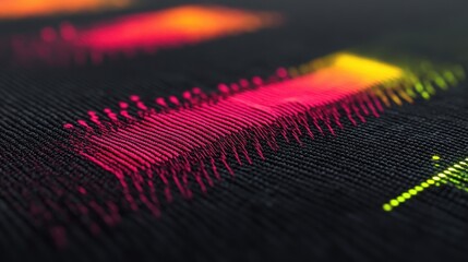 Close up of a smart textile interface with conductive threads and glowing colorful patterns on a dark fabric background