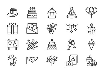 Birthday thin line icon set. Containing Party Favors, Birthday Cake, Cupcake, Party Hat, Balloons, Presents, Invitation