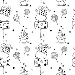 Birthday party line art seamless pattern